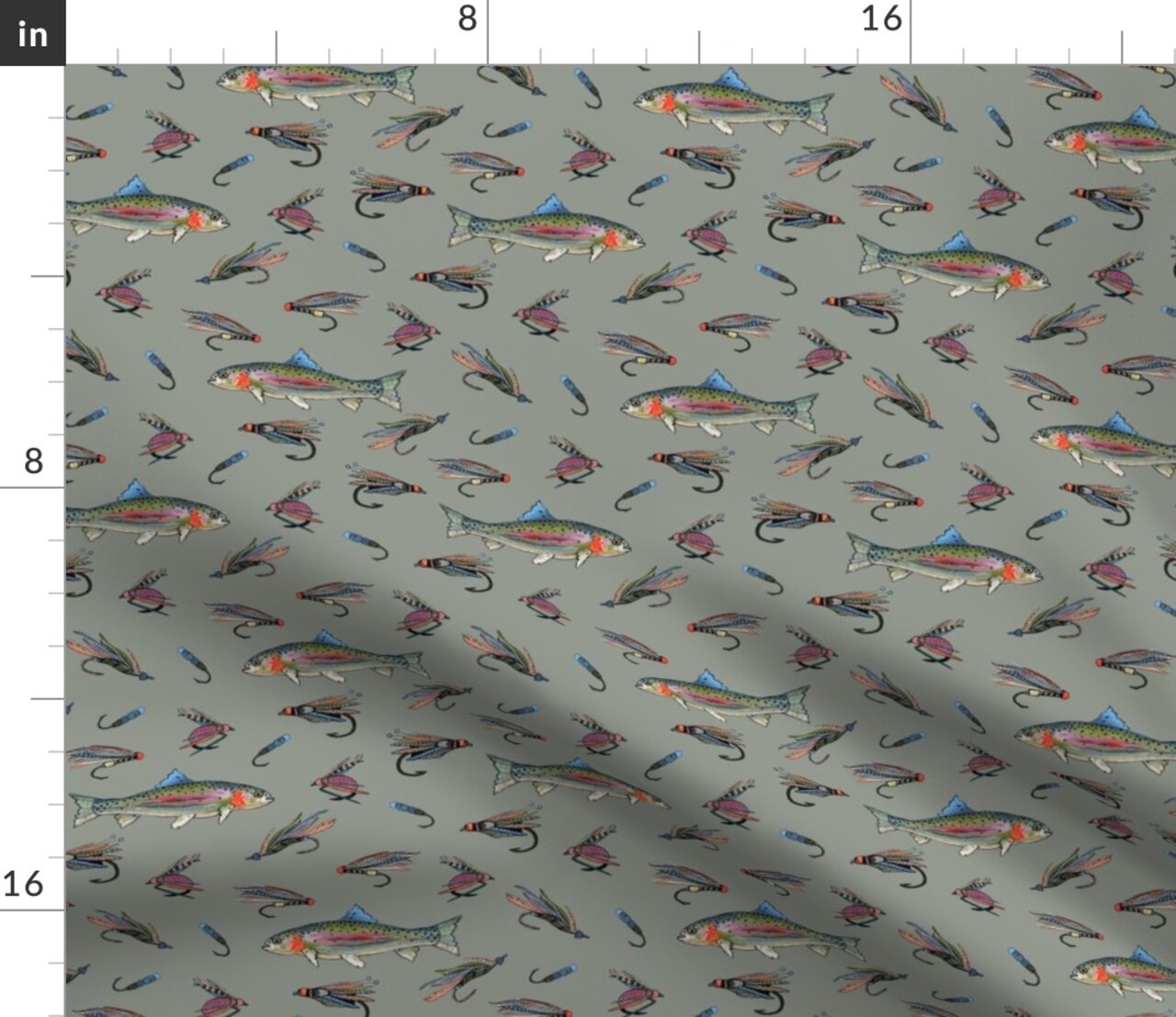 Fly Fishing Sage Green Rainbow Trout Fish Sports Alpine River Custom Printed Fabric by Spoonflower Various Fabrics by the Yard or Fat Quarter